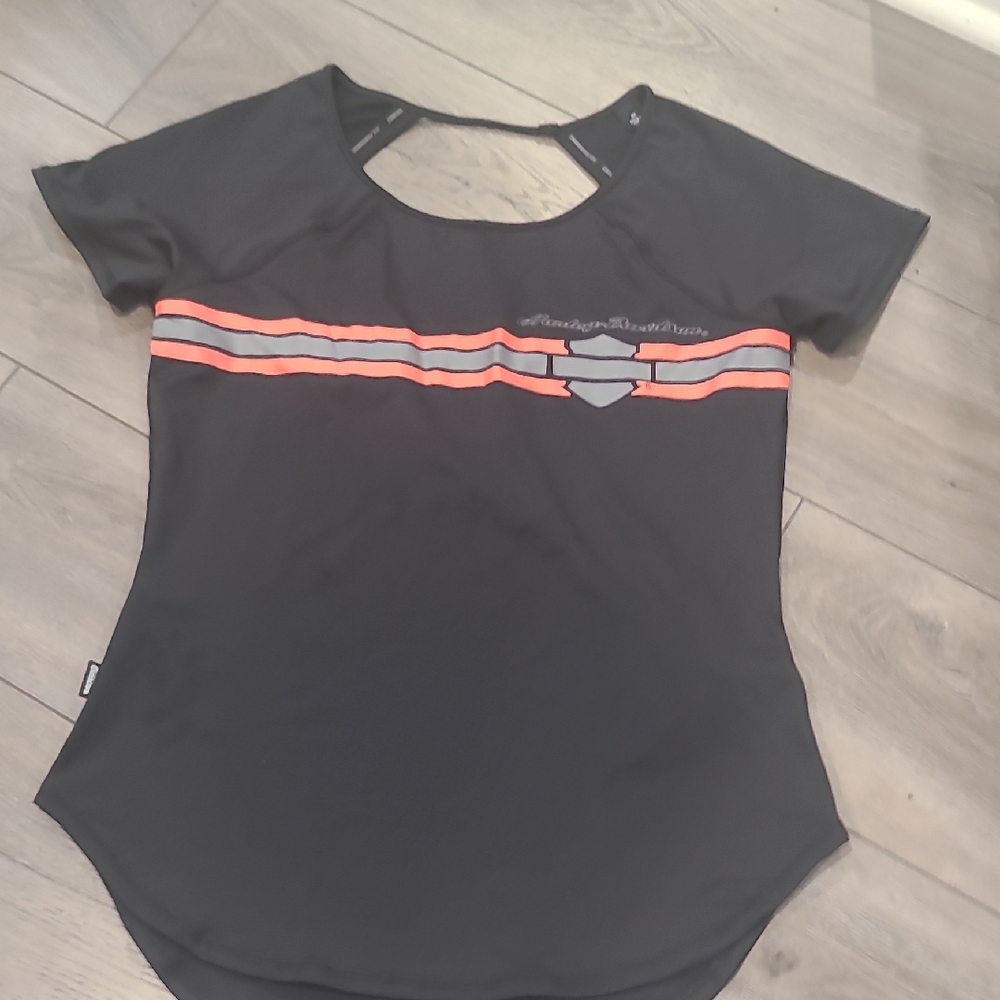 Harley-Davidson Black Short Sleeve Tee with Orange Stripes and Gray Shield